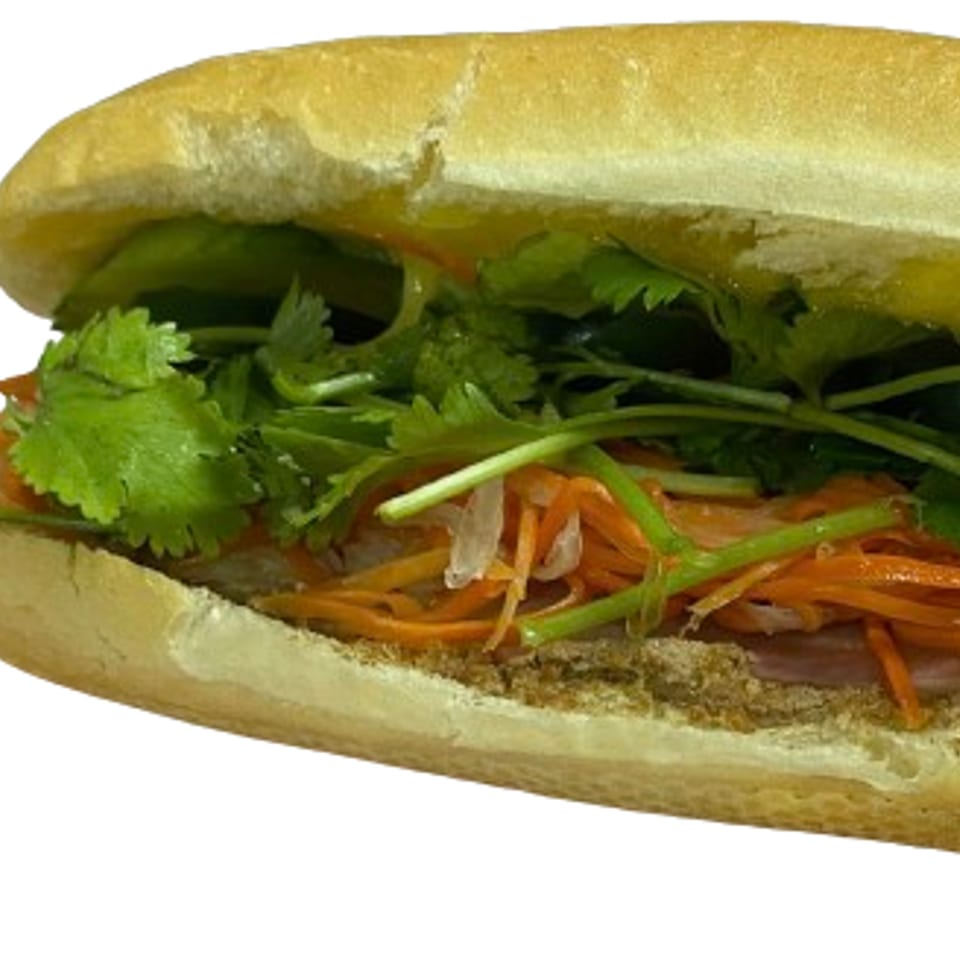 A Vietnamese Banh Mi sandwich from Pho Lena, filled with fresh cilantro, pickled carrots, and meat.